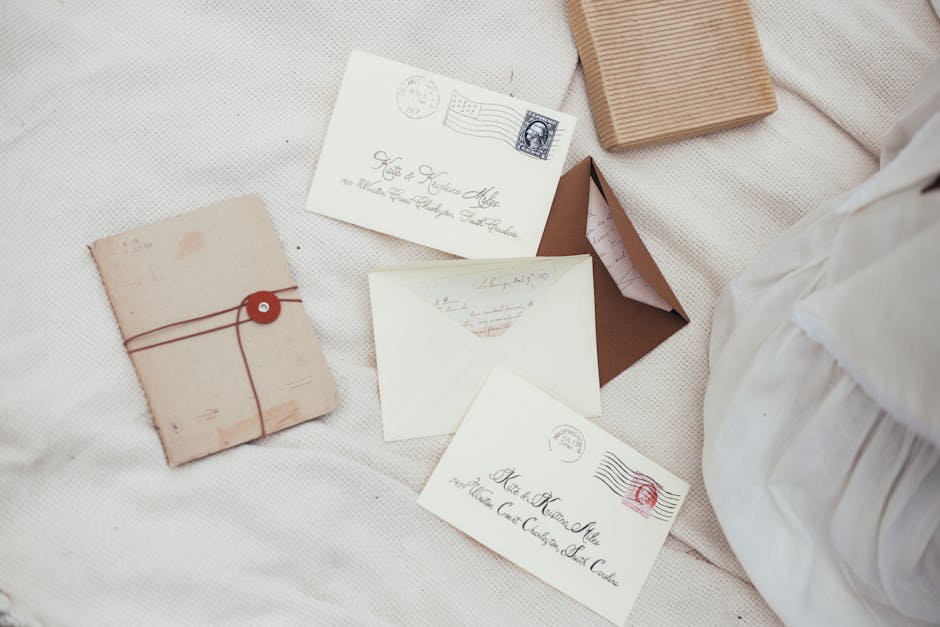 Flat lay of vintage postcards and envelopes with retro stamps on textured fabric.